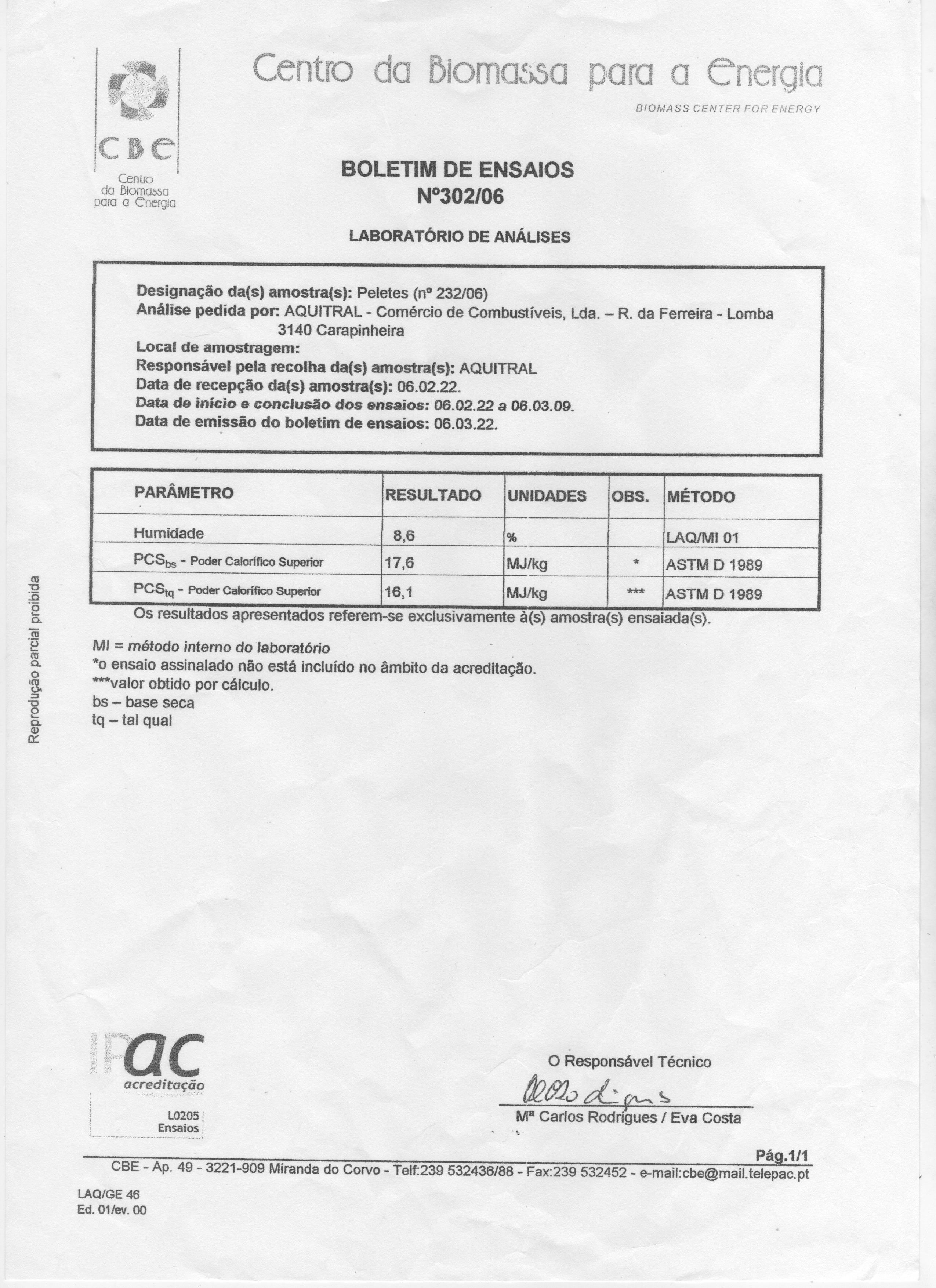 analise de pellete (1) Boletim de ensaios de pellets do Centro de Biomassa para a Energia